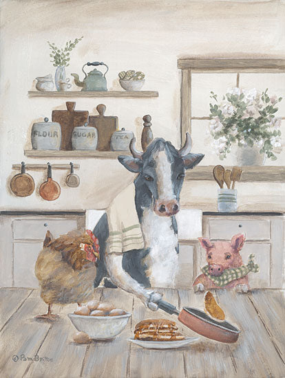 Pam Britton BR610 - BR610 - Flapjacks - 12x16 Whimsical, Animals, Farm Animals, Cow, Pig, Rooster, Kitchen, Breakfast, Farmhouse/Country, Making Breakfast from Penny Lane
