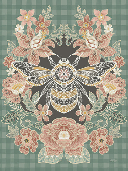 Cat Thurman Designs CTD219 - CTD219 - Fancy Bee - 12x16 Folk Art, Bee, Decorated Bee, Flowers, Greenery, Plaid Background, Fancy Bee from Penny Lane