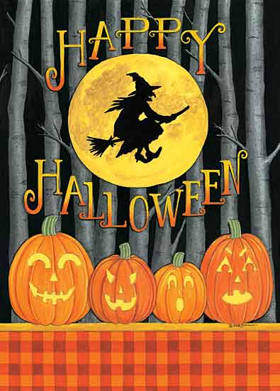 Deb Strain DS1868 - DS1868 - Full Moon Witch & Pumpkins - 12x16 Signs, Typography, Halloween, Witch, Broomstick, Full Moon, Trees, Jack Lanterns, Plaid from Penny Lane