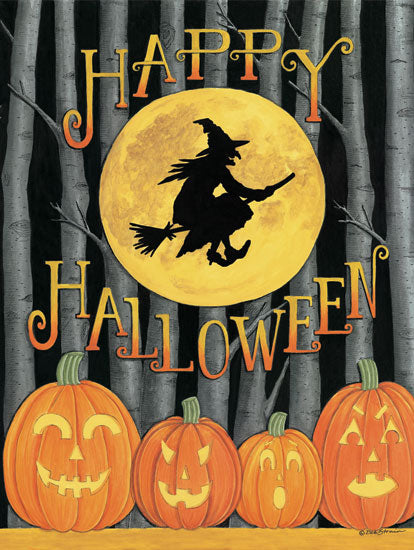 Deb Strain DS2143 - DS2143 - Happy Halloween - 12x16 Halloween, Witch, Pumpkins, Row of Jack O'Lanterns, Jack O'Lanterns, Fall, Trees, Moon, Happy Halloween, Typography, Signs, Textual Art from Penny Lane