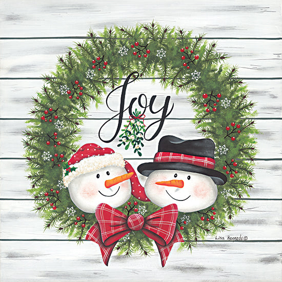 Lisa Kennedy KEN1253 - KEN1253 - Joy Snowman Wreath     - 12x12 Christmas, Holidays, Wreath, Greenery, Snowmen, Joy, Typography, Signs, Textual Art, Bow, Wood Background from Penny Lane