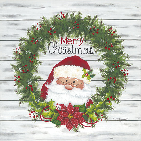 Lisa Kennedy KEN1254 - KEN1254 - Christmas Santa Wreath    - 12x12 Christmas, Holidays, Wreath, Greenery, Santa Claus, Merry Christmas, Typography, Signs, Textual Art, Poinsettia, Christmas Flower, Holly, Ivy, Berries, Wood Background from Penny Lane