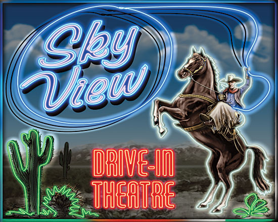 JG Studios JGS248 - JGS248 - Skyview Drive In III - 16x12 Drive In, Theatre, Movies, Cowboy, Neon, Horse, Nostalgia from Penny Lane