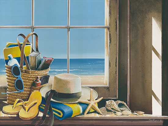 John Rossini JR351 - Day at the Beach - 16x12 Day at the Beach, Flip Flops, Straw Hat, Beach Bag, Shells, Window Pane, Ocean from Penny Lane