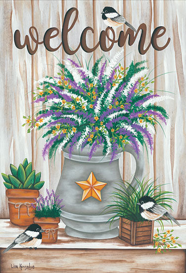 Lisa Kennedy KEN1048 - Chickadee Welcome - 12x18 Chickadee, Welcome, Ferns, Succulents, Birds, Garden Shelf, Barn Star from Penny Lane
